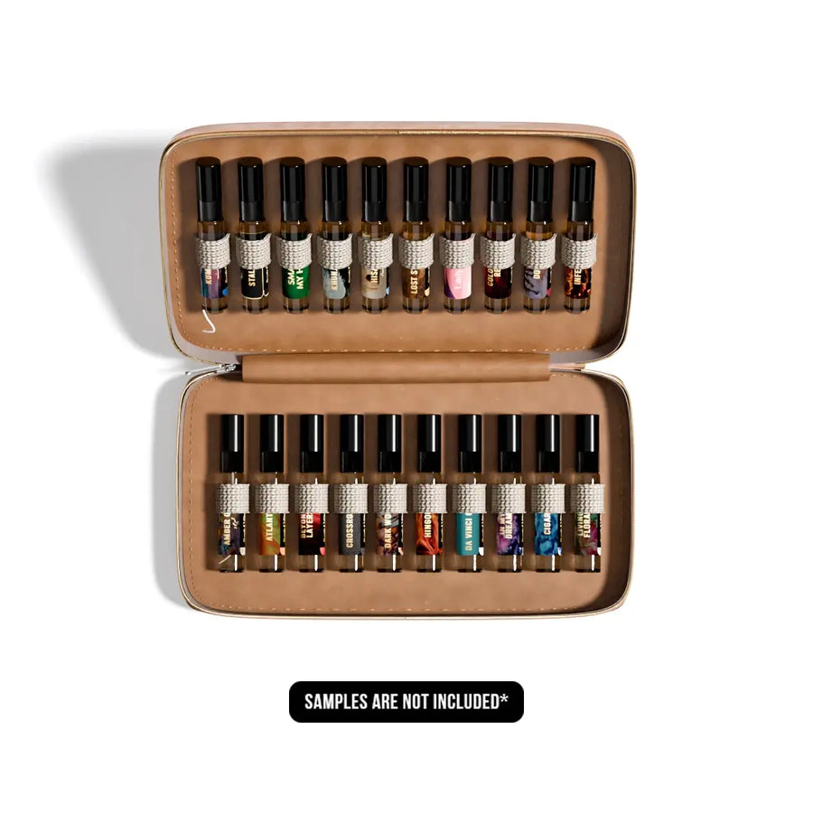 Scents N Stories decant organizer perfume gift box with multiple fragrance samples.