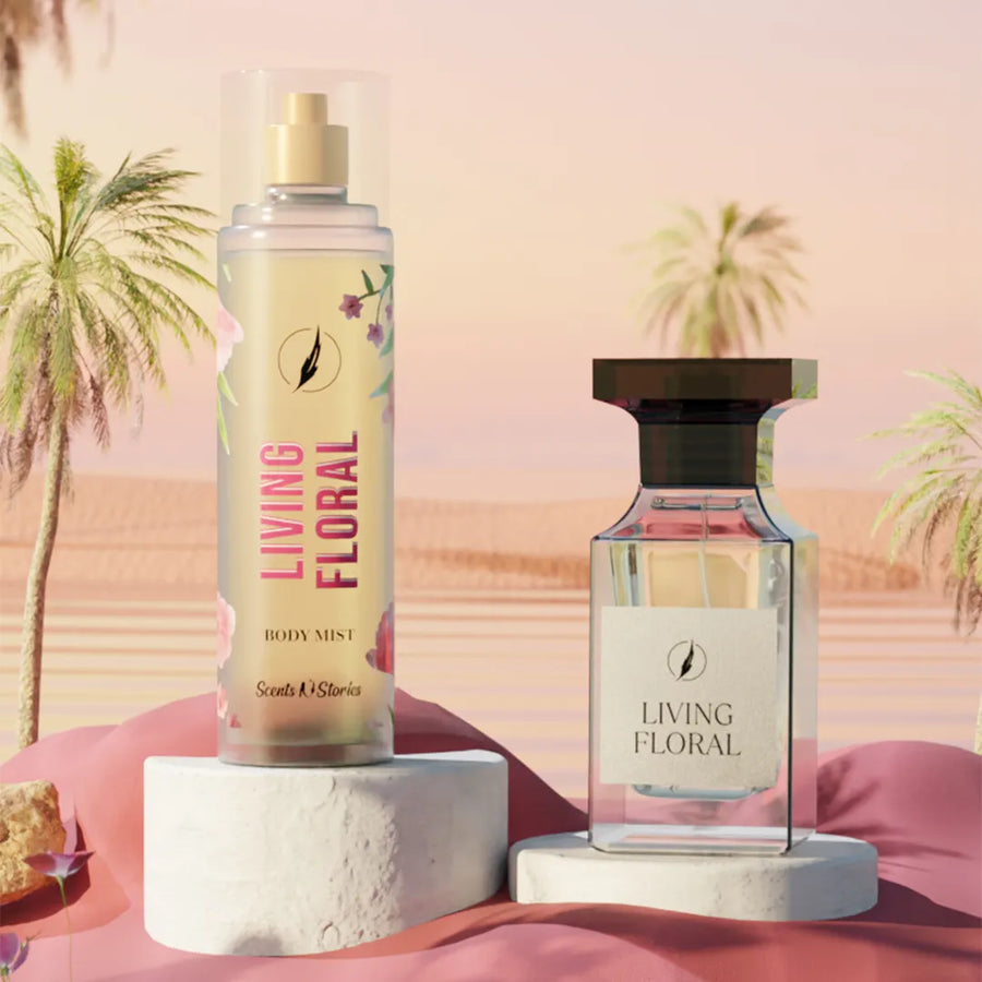 Scents N Stories Living Floral perfume gift box featuring a floral fragrance set.