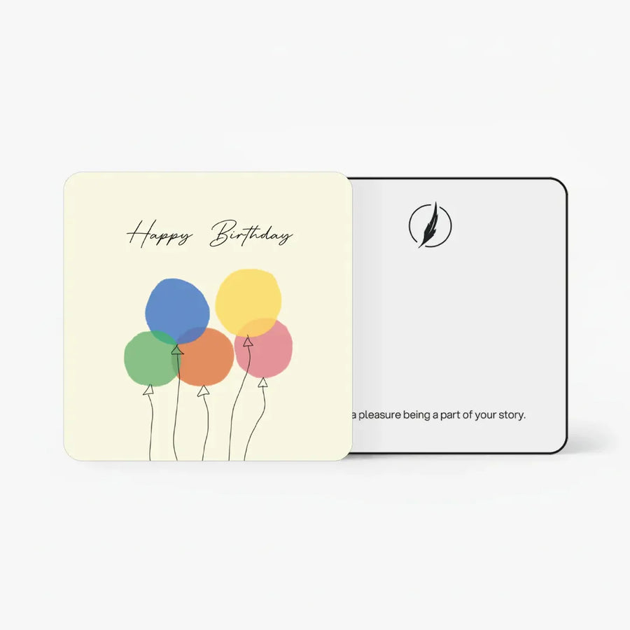 Scents N Stories Happy Birthday gift card with colorful balloon design.