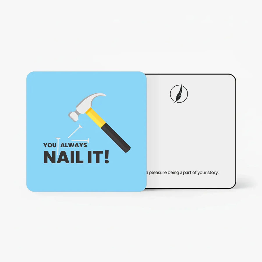 Scents N Stories “Nail It” gift card with playful hammer design.