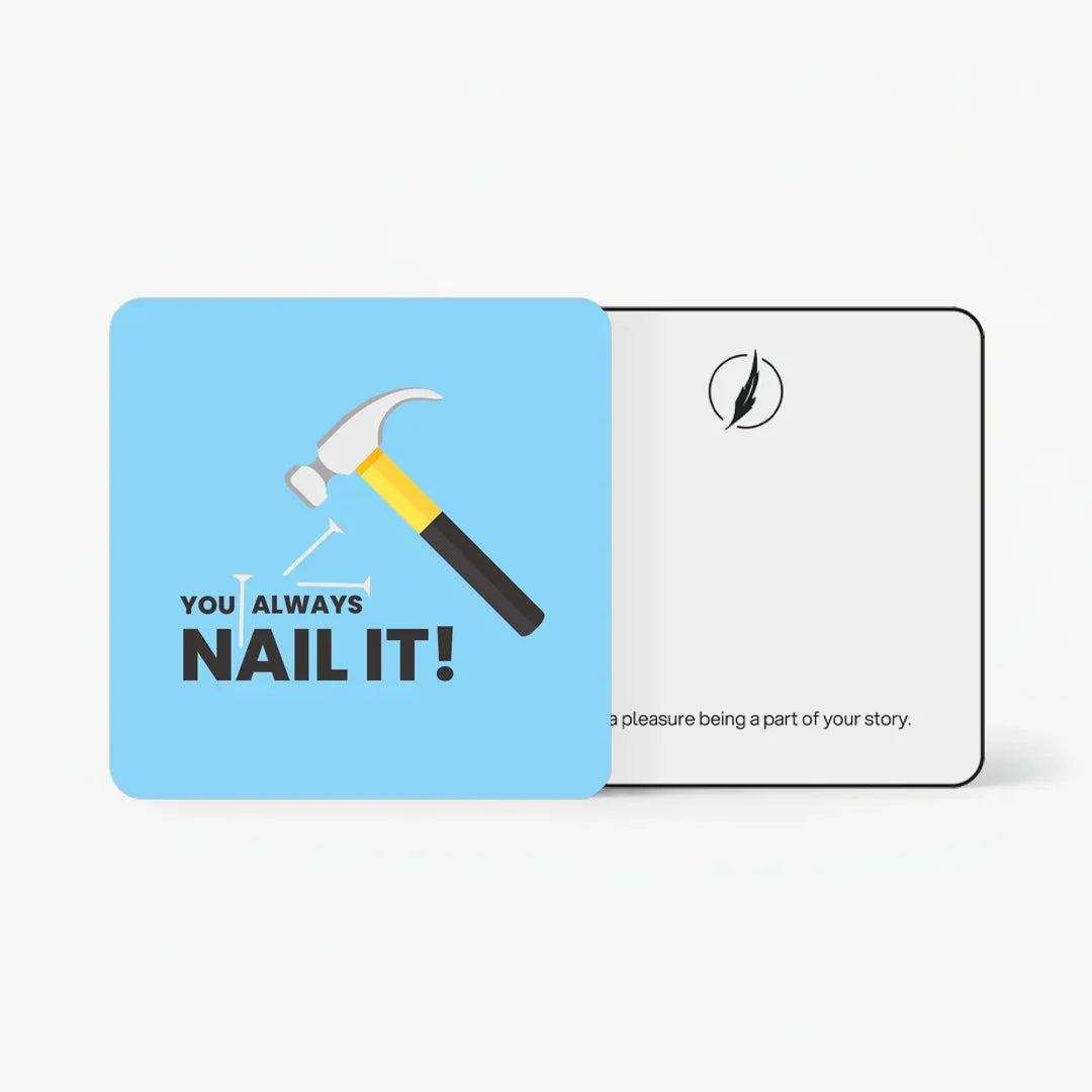 Scents N Stories “Nail It” gift card with playful hammer design.