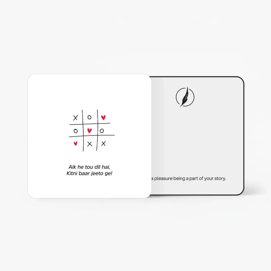 Scents N Stories love-themed gift card with playful tic-tac-toe design.