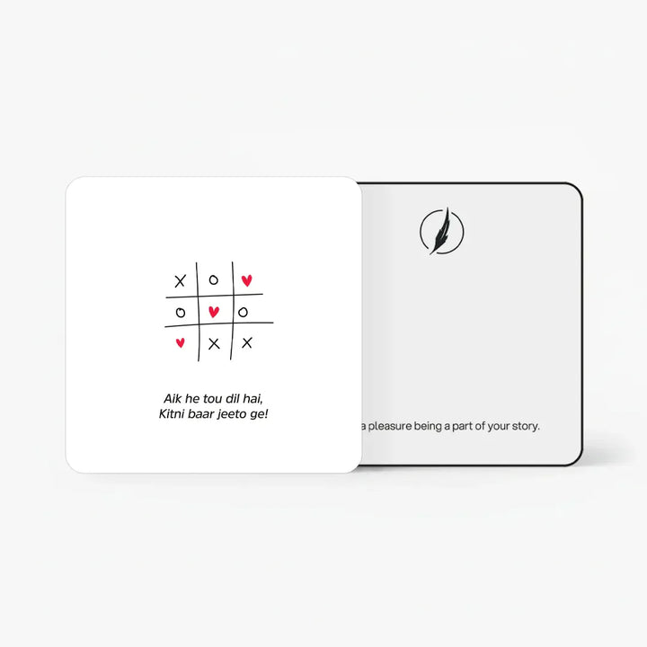 Scents N Stories love-themed gift card with playful tic-tac-toe design.
