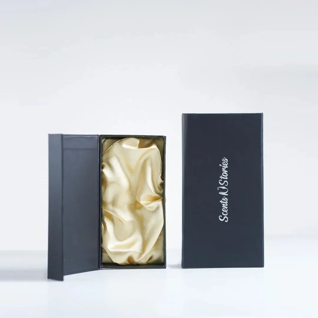 Scents N Stories premium luxury gift box with satin-lined inner packaging.