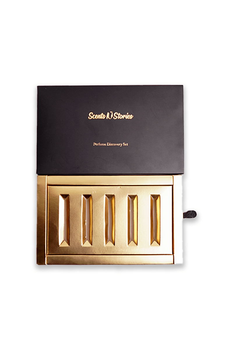 Scents N Stories mini spray perfume gift box featuring multiple fragrance testers.